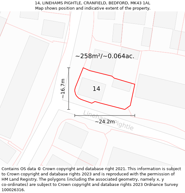 14, LINEHAMS PIGHTLE, CRANFIELD, BEDFORD, MK43 1AL: Plot and title map