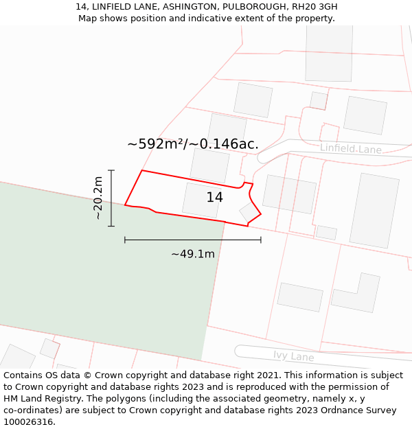 14, LINFIELD LANE, ASHINGTON, PULBOROUGH, RH20 3GH: Plot and title map