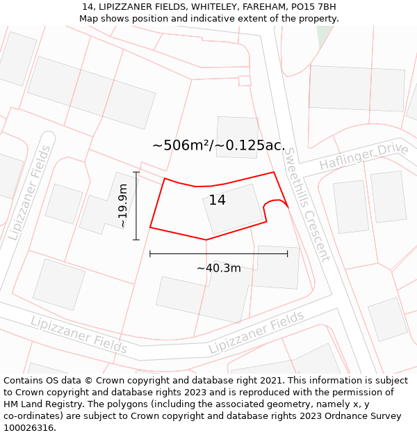 14, LIPIZZANER FIELDS, WHITELEY, FAREHAM, PO15 7BH: Plot and title map