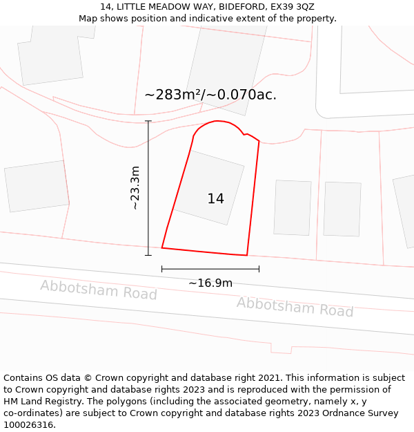 14, LITTLE MEADOW WAY, BIDEFORD, EX39 3QZ: Plot and title map