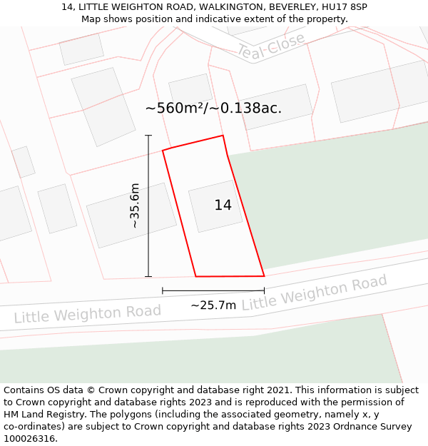 14, LITTLE WEIGHTON ROAD, WALKINGTON, BEVERLEY, HU17 8SP: Plot and title map