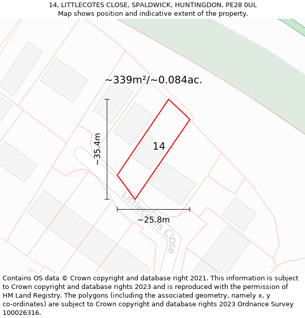 14, LITTLECOTES CLOSE, SPALDWICK, HUNTINGDON, PE28 0UL: Plot and title map