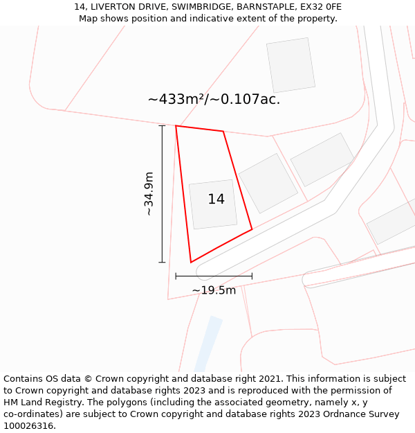 14, LIVERTON DRIVE, SWIMBRIDGE, BARNSTAPLE, EX32 0FE: Plot and title map