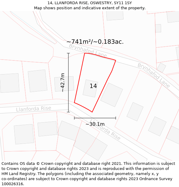 14, LLANFORDA RISE, OSWESTRY, SY11 1SY: Plot and title map