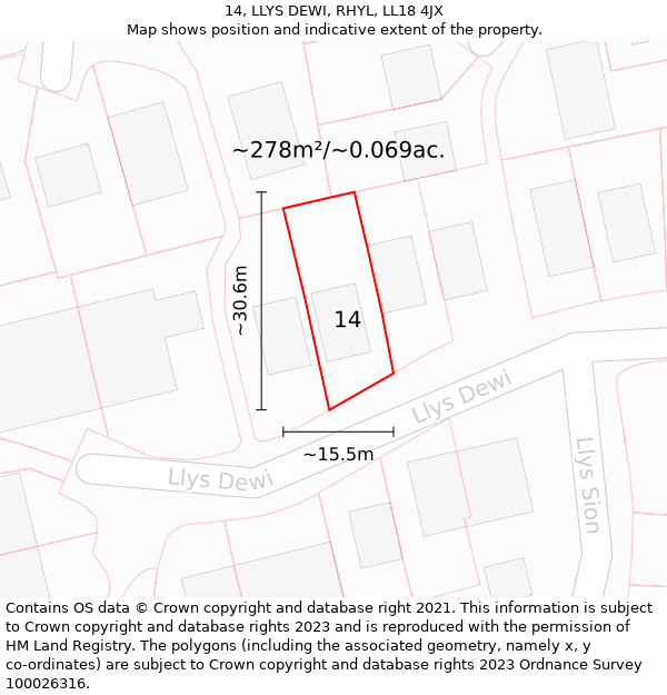 14, LLYS DEWI, RHYL, LL18 4JX: Plot and title map