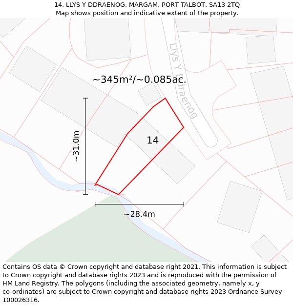 14, LLYS Y DDRAENOG, MARGAM, PORT TALBOT, SA13 2TQ: Plot and title map