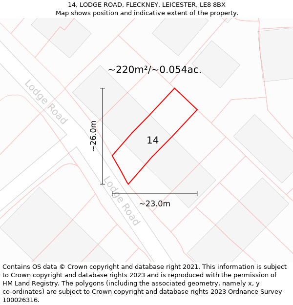 14, LODGE ROAD, FLECKNEY, LEICESTER, LE8 8BX: Plot and title map