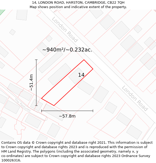 14, LONDON ROAD, HARSTON, CAMBRIDGE, CB22 7QH: Plot and title map