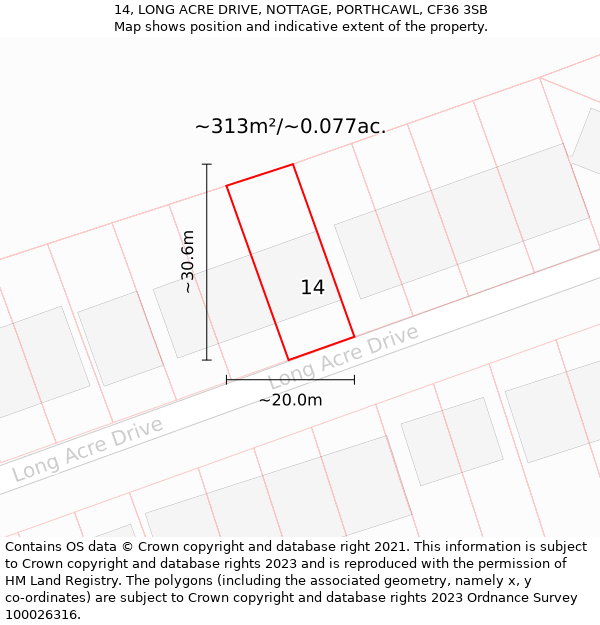 14, LONG ACRE DRIVE, NOTTAGE, PORTHCAWL, CF36 3SB: Plot and title map