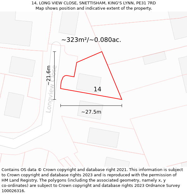 14, LONG VIEW CLOSE, SNETTISHAM, KING'S LYNN, PE31 7RD: Plot and title map