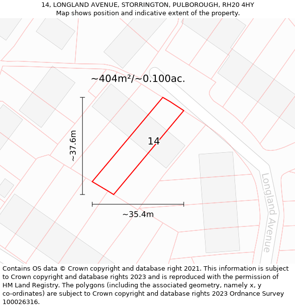 14, LONGLAND AVENUE, STORRINGTON, PULBOROUGH, RH20 4HY: Plot and title map