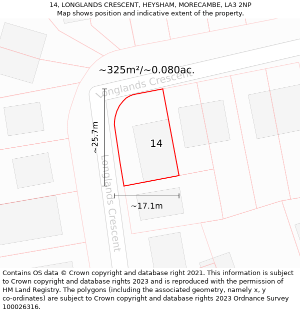 14, LONGLANDS CRESCENT, HEYSHAM, MORECAMBE, LA3 2NP: Plot and title map