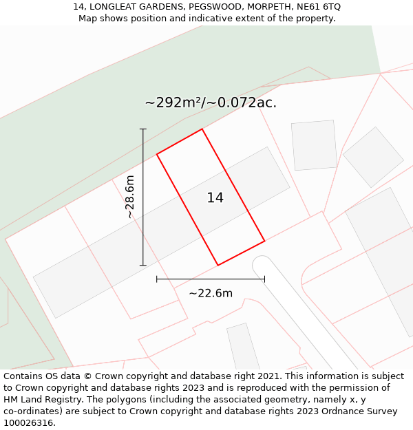 14, LONGLEAT GARDENS, PEGSWOOD, MORPETH, NE61 6TQ: Plot and title map