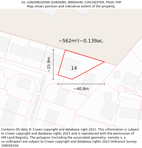 14, LONGMEADOW GARDENS, BIRDHAM, CHICHESTER, PO20 7HP: Plot and title map