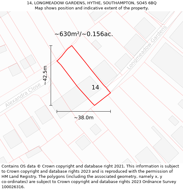 14, LONGMEADOW GARDENS, HYTHE, SOUTHAMPTON, SO45 6BQ: Plot and title map