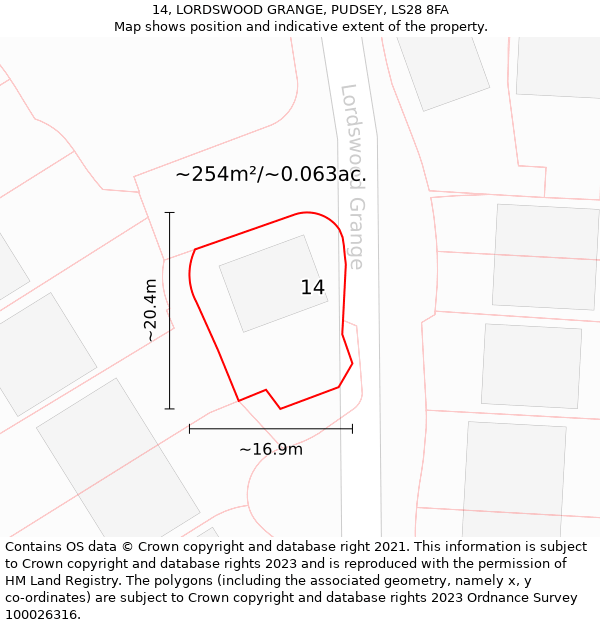 14, LORDSWOOD GRANGE, PUDSEY, LS28 8FA: Plot and title map