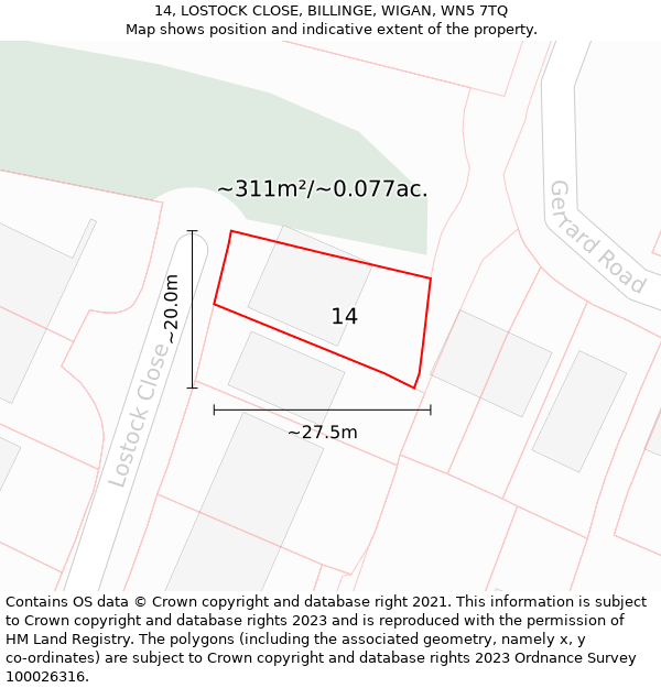 14, LOSTOCK CLOSE, BILLINGE, WIGAN, WN5 7TQ: Plot and title map