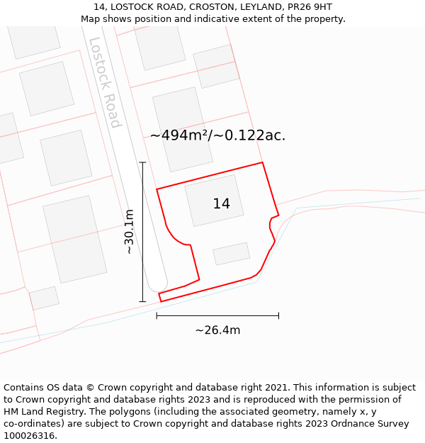 14, LOSTOCK ROAD, CROSTON, LEYLAND, PR26 9HT: Plot and title map