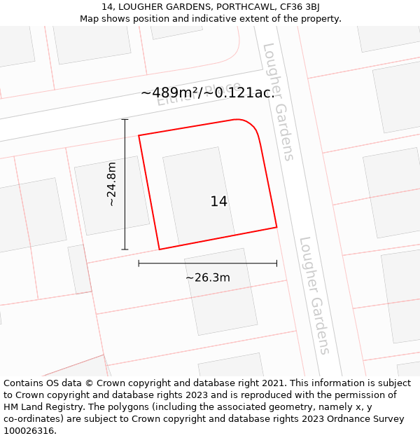 14, LOUGHER GARDENS, PORTHCAWL, CF36 3BJ: Plot and title map