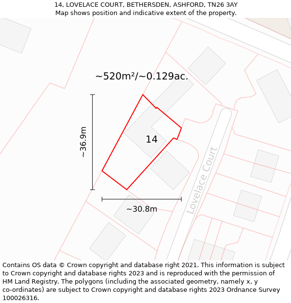 14, LOVELACE COURT, BETHERSDEN, ASHFORD, TN26 3AY: Plot and title map