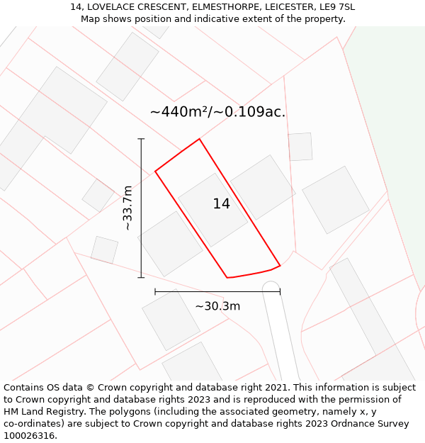 14, LOVELACE CRESCENT, ELMESTHORPE, LEICESTER, LE9 7SL: Plot and title map