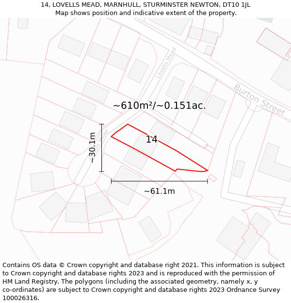 14, LOVELLS MEAD, MARNHULL, STURMINSTER NEWTON, DT10 1JL: Plot and title map