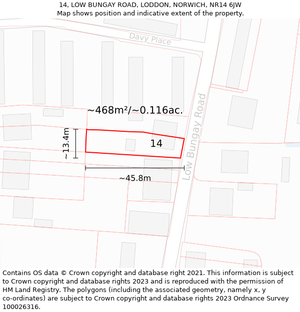 14, LOW BUNGAY ROAD, LODDON, NORWICH, NR14 6JW: Plot and title map