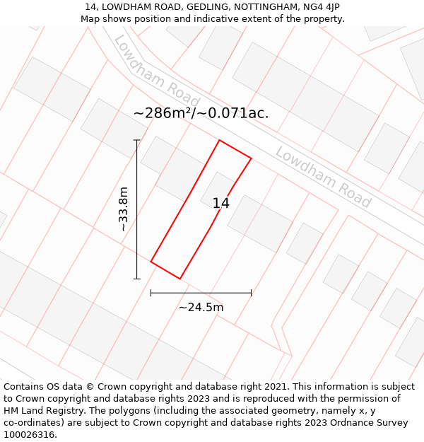 14, LOWDHAM ROAD, GEDLING, NOTTINGHAM, NG4 4JP: Plot and title map