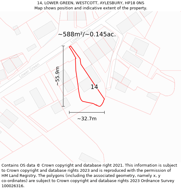 14, LOWER GREEN, WESTCOTT, AYLESBURY, HP18 0NS: Plot and title map