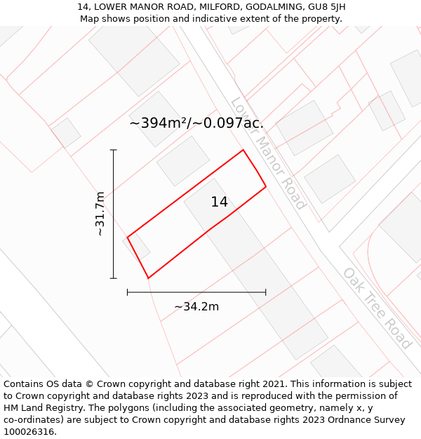 14, LOWER MANOR ROAD, MILFORD, GODALMING, GU8 5JH: Plot and title map