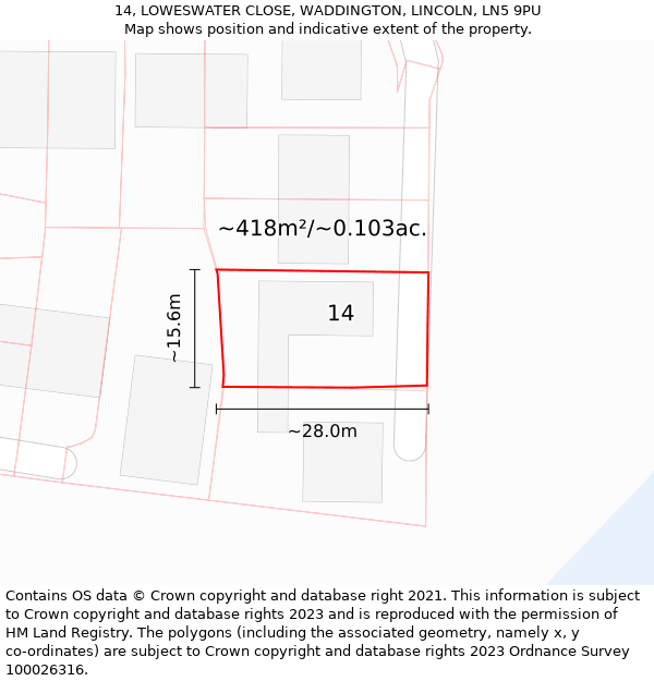 14, LOWESWATER CLOSE, WADDINGTON, LINCOLN, LN5 9PU: Plot and title map