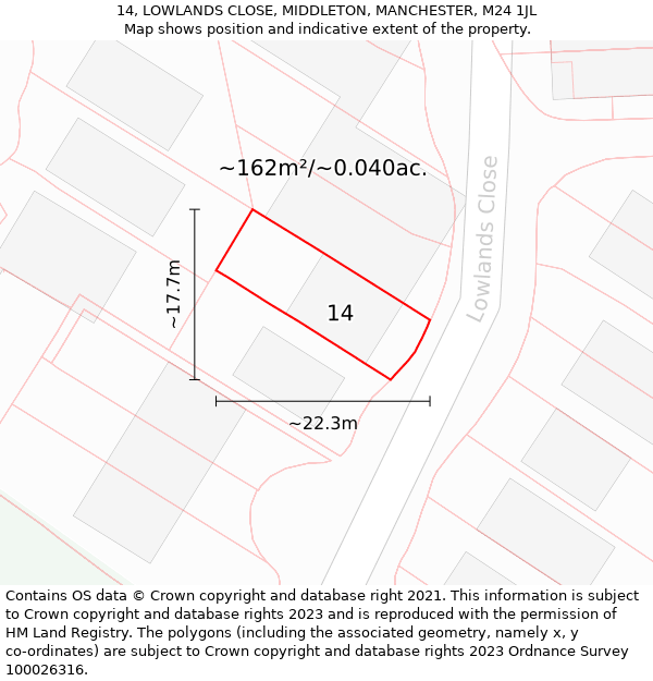 14, LOWLANDS CLOSE, MIDDLETON, MANCHESTER, M24 1JL: Plot and title map