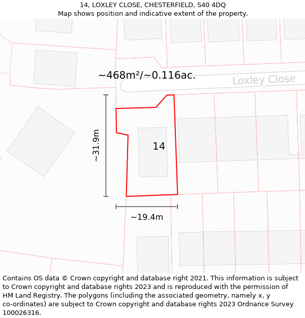 14, LOXLEY CLOSE, CHESTERFIELD, S40 4DQ: Plot and title map