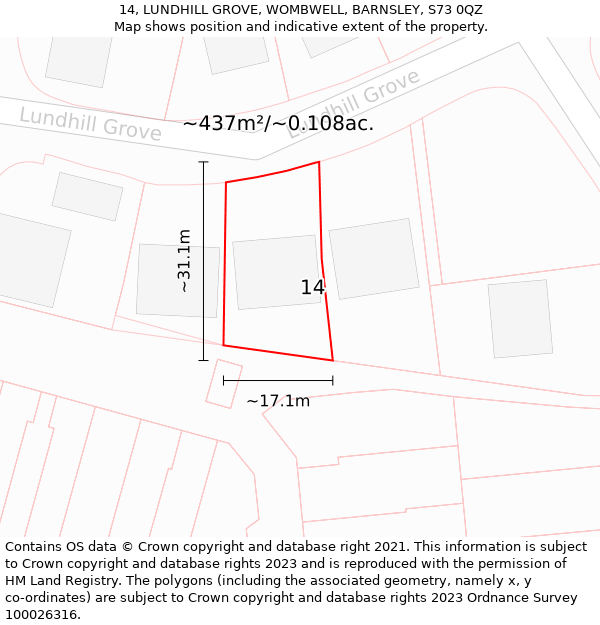 14, LUNDHILL GROVE, WOMBWELL, BARNSLEY, S73 0QZ: Plot and title map