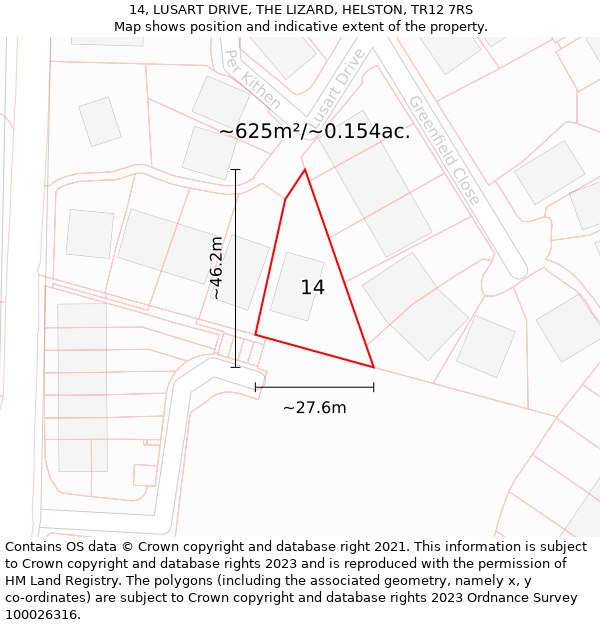 14, LUSART DRIVE, THE LIZARD, HELSTON, TR12 7RS: Plot and title map