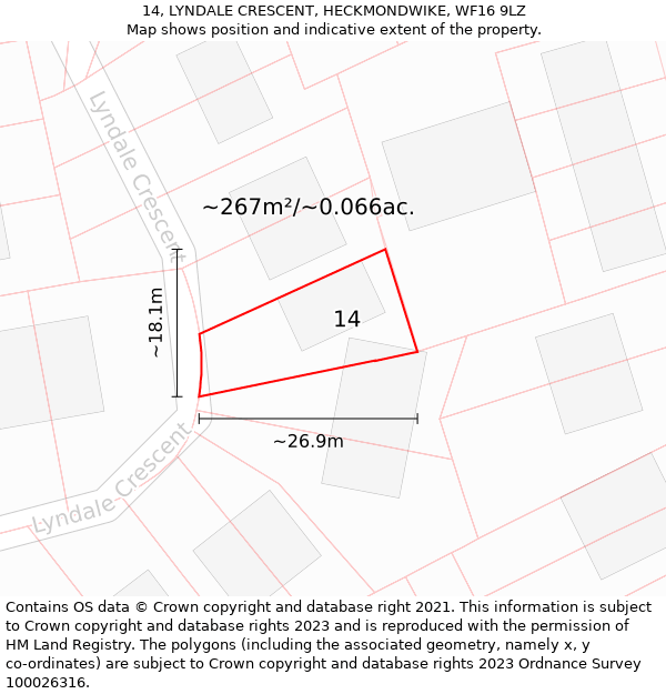 14, LYNDALE CRESCENT, HECKMONDWIKE, WF16 9LZ: Plot and title map