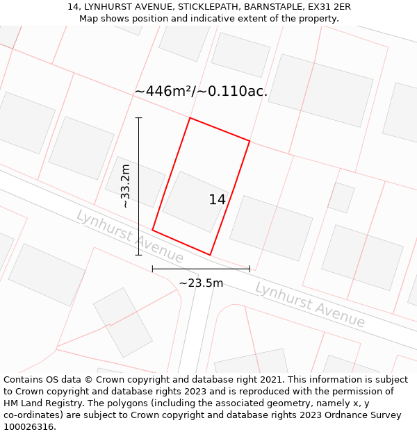 14, LYNHURST AVENUE, STICKLEPATH, BARNSTAPLE, EX31 2ER: Plot and title map