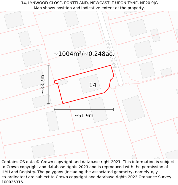 14, LYNWOOD CLOSE, PONTELAND, NEWCASTLE UPON TYNE, NE20 9JG: Plot and title map