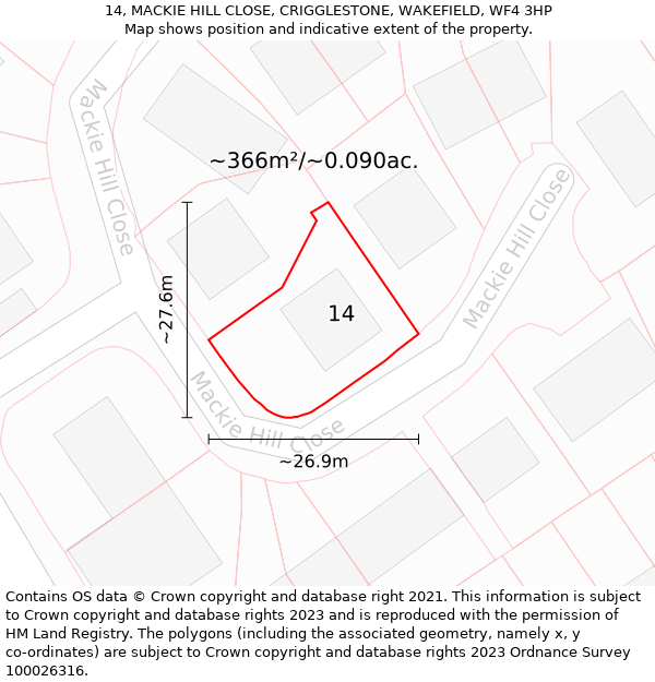 14, MACKIE HILL CLOSE, CRIGGLESTONE, WAKEFIELD, WF4 3HP: Plot and title map