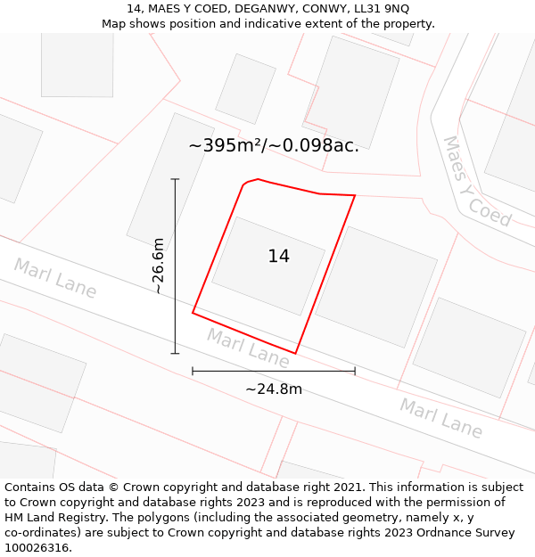 14, MAES Y COED, DEGANWY, CONWY, LL31 9NQ: Plot and title map