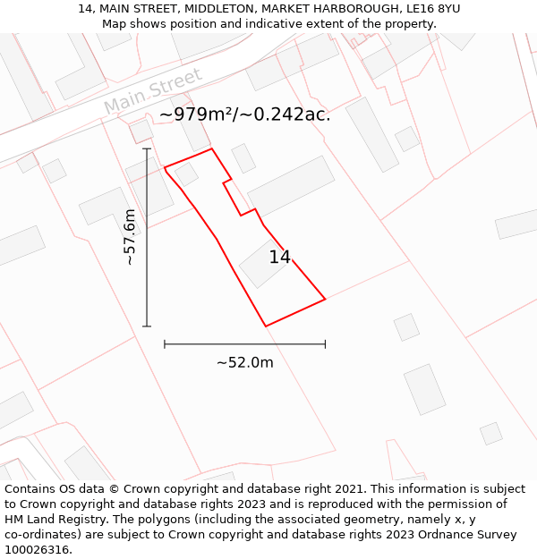 14, MAIN STREET, MIDDLETON, MARKET HARBOROUGH, LE16 8YU: Plot and title map