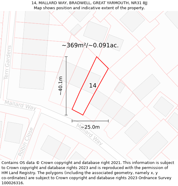 14, MALLARD WAY, BRADWELL, GREAT YARMOUTH, NR31 8JJ: Plot and title map