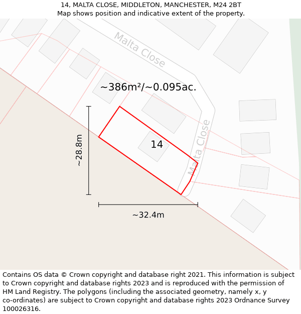 14, MALTA CLOSE, MIDDLETON, MANCHESTER, M24 2BT: Plot and title map