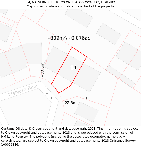 14, MALVERN RISE, RHOS ON SEA, COLWYN BAY, LL28 4RX: Plot and title map