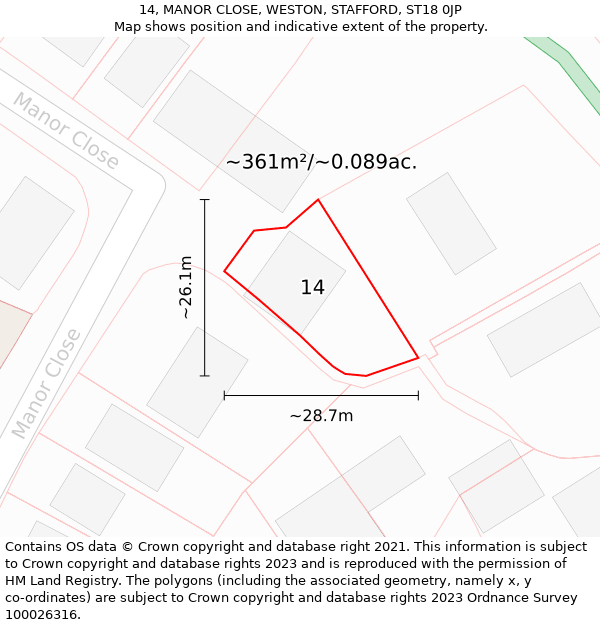 14, MANOR CLOSE, WESTON, STAFFORD, ST18 0JP: Plot and title map