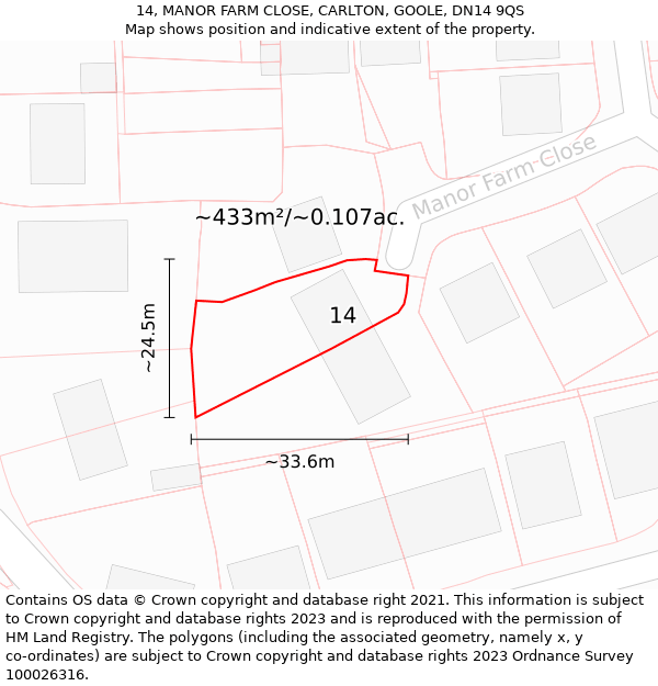 14, MANOR FARM CLOSE, CARLTON, GOOLE, DN14 9QS: Plot and title map