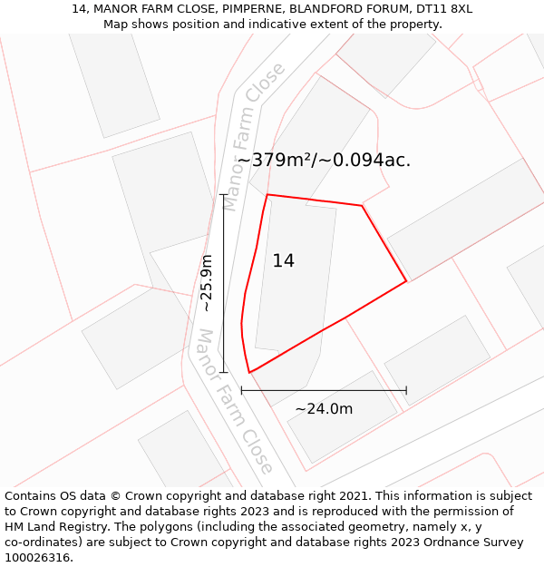 14, MANOR FARM CLOSE, PIMPERNE, BLANDFORD FORUM, DT11 8XL: Plot and title map