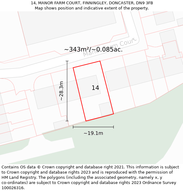 14, MANOR FARM COURT, FINNINGLEY, DONCASTER, DN9 3FB: Plot and title map