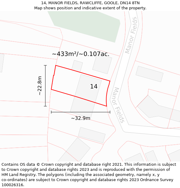 14, MANOR FIELDS, RAWCLIFFE, GOOLE, DN14 8TN: Plot and title map