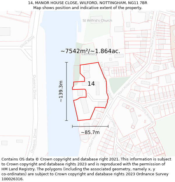 14, MANOR HOUSE CLOSE, WILFORD, NOTTINGHAM, NG11 7BR: Plot and title map